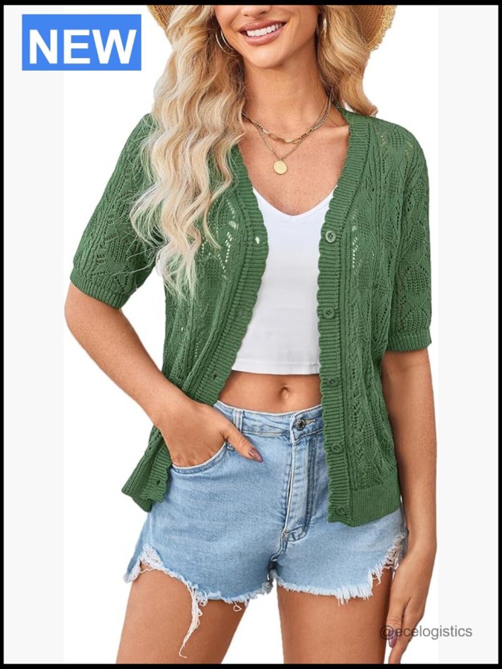 Short Sleeve Crochet Cardigan Cropped Button Sweater Lightweight Shrug
